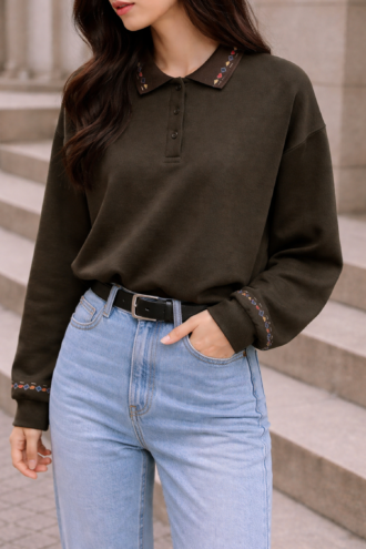 Fit Kalıp %100 Pamuklu Polo Yaka Haki Renk Rug Sweatshirt