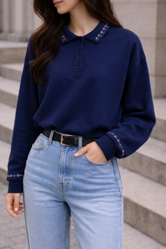 Fit Kalıp %100 Pamuklu Polo Yaka Mavi Renk Rug Sweatshirt