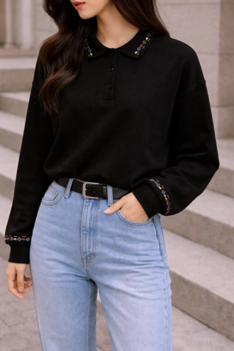 Fit Kalıp %100 Pamuklu Polo Yaka Siyah Renk Rug Sweatshirt